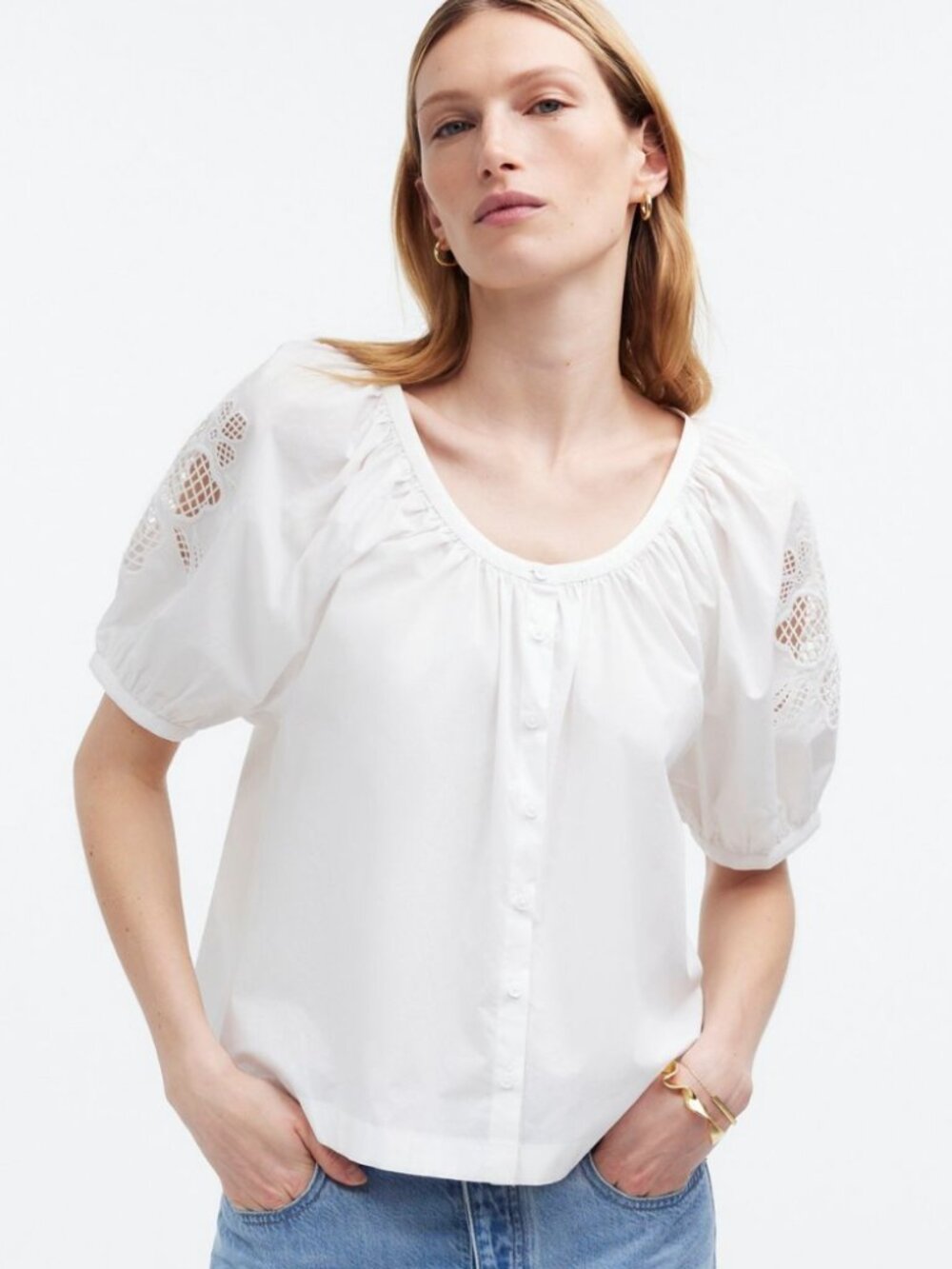 Madewell Embroidered Puff-Sleeve A-Line Top in Poplin